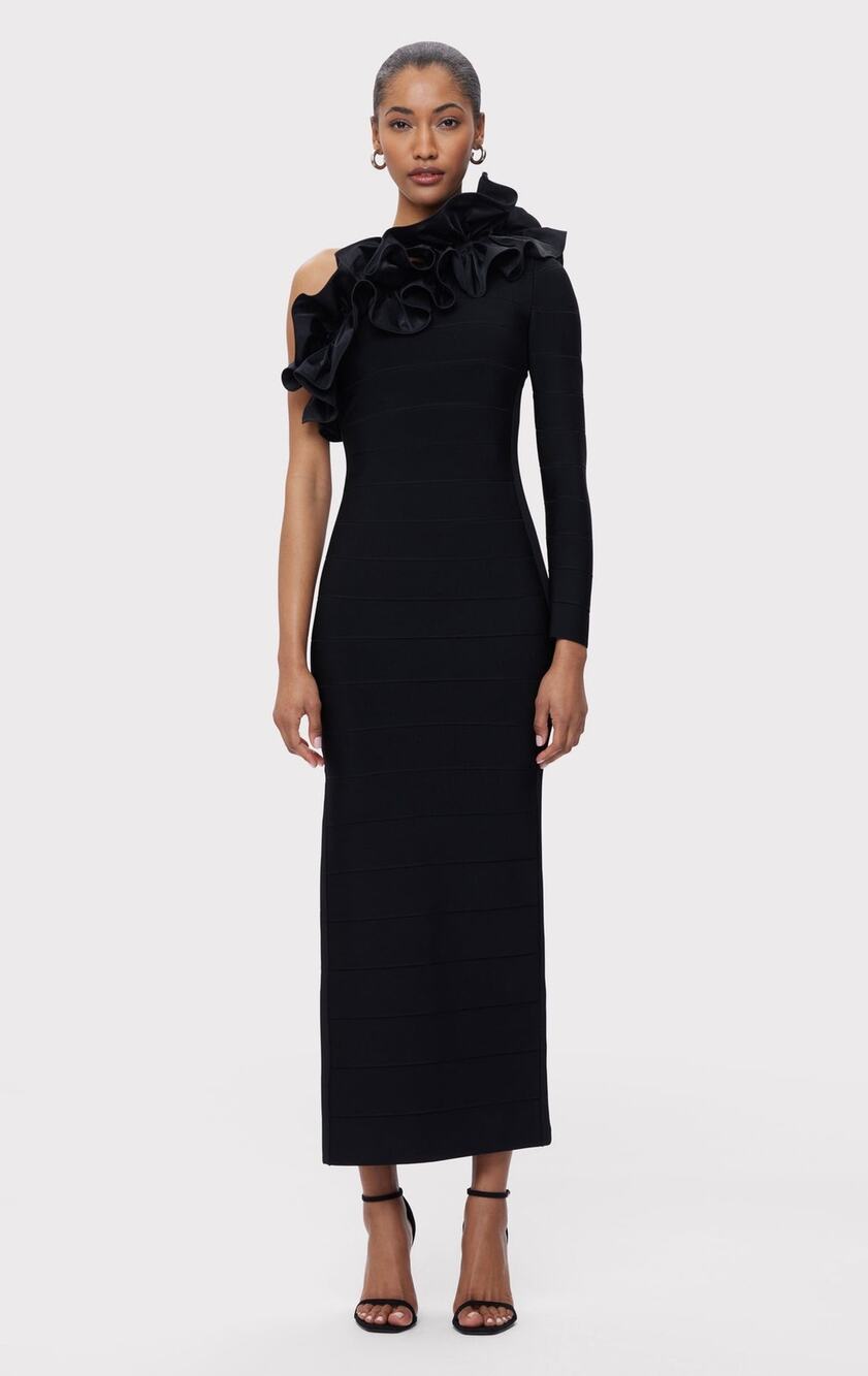 HERVE LEGER Black Asymmetrical Ruffle One Shoulder Bandage Gown size Large